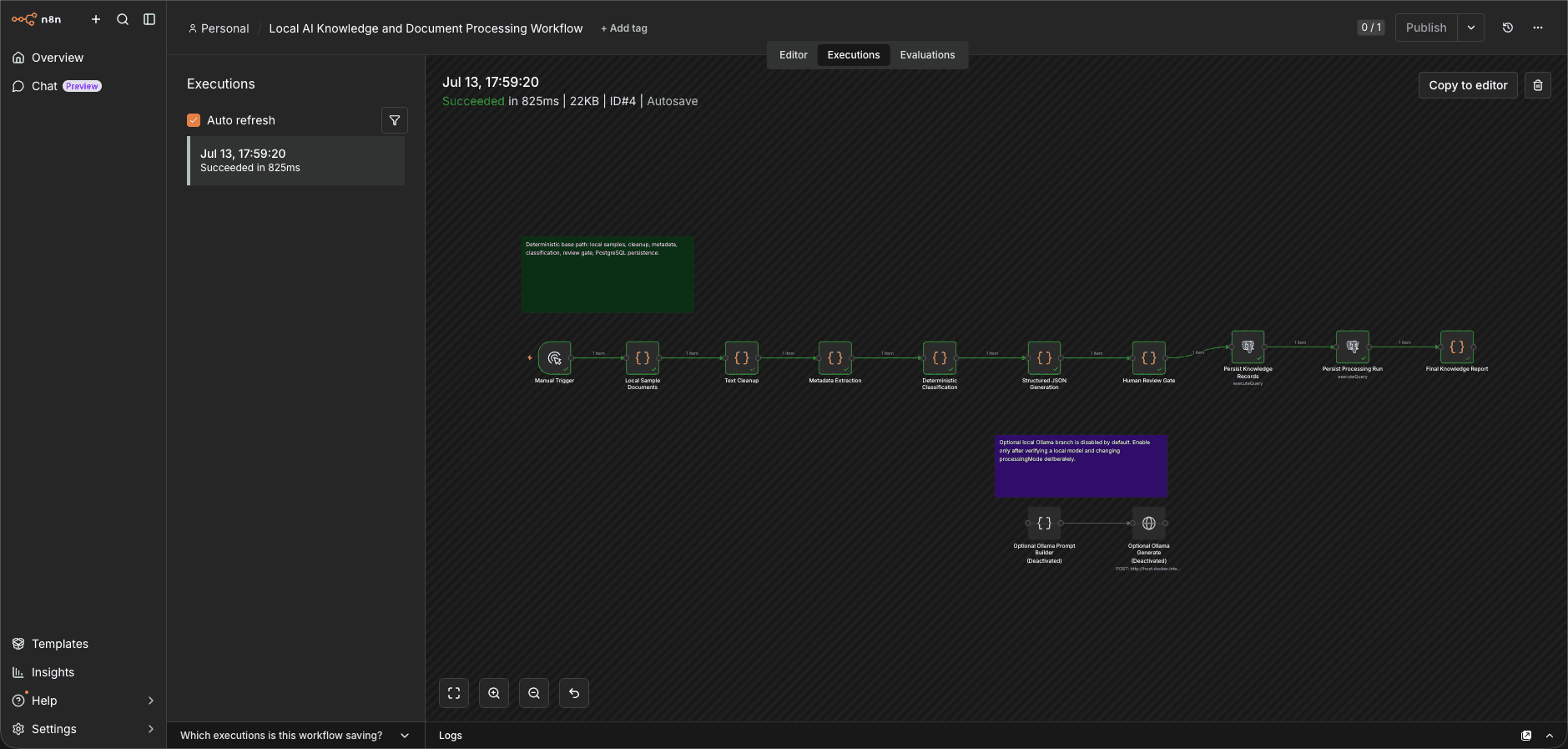 Local AI Knowledge and Document Processing Workflow successful execution screenshot