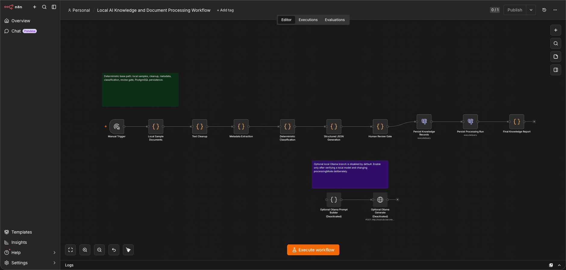 Local AI Knowledge and Document Processing Workflow n8n workflow canvas